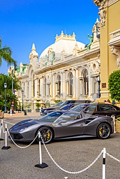 MONTE-CARLO, MONACO - JUN 2017: gray FERRARI 488 Tipo F142M in La Condamine, Monte-Carlo, Monaco, Cote d `Azur, French Riviera