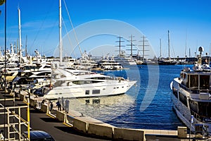 Monte Carlo, Monaco 29.11.2020 Sailing boats yachts and modern vessels in port on seascape background