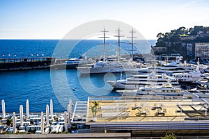 Monte Carlo, Monaco 29.11.2020 Sailing boats yachts and modern vessels in port on seascape background