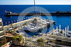 Monte Carlo, Monaco 29.11.2020 Sailing boats yachts and modern vessels in port on seascape background
