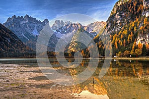 Monte Cristallo Mountains in the autumnal scenery of the Dolomites, South Tyrol. Italy