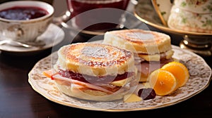 A Monte Cristo English muffin, golden-brown filled with ham, turkey, and Swiss cheese
