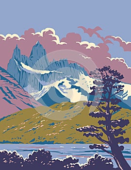 Monte Fitz Roy with Viedma Lake in Patagonia Argentina WPA Art Deco Poster photo