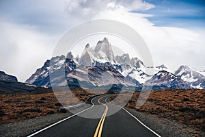 Monte Mount fitz roy, in El Chalten, Argentina, seen from the road. snow covered peaks of Mt. Fitzroy, Argentina.