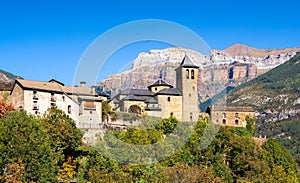 Monte Perdido mountain and Torla-Ordesa village, Spain