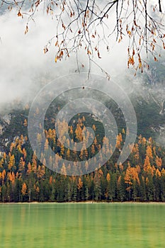 Monte Piana or Monte Piano, with beautiful autumn colors seen from the shore of Lake Landro. photo