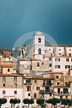 Monte San Biagio, Italy. Top View Of Residential Area. Cityscape In Autumn Day Under Blue Sky