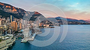 Montecarlo. Aerial view of Monaco skyline at sunset