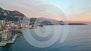 Montecarlo. Aerial view of Monaco skyline at sunset