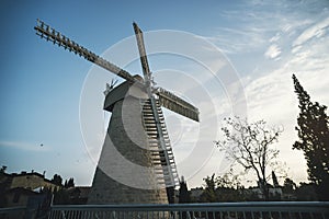 Montefiore windmill tourist site in Jerusalem neighborhood of Yemin Moshe in the afternoon