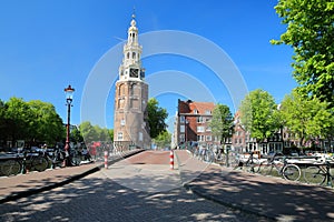 Montelbaanstoren Tower built in 1516, located along Oudeshans canal in Amsterdam Centrum