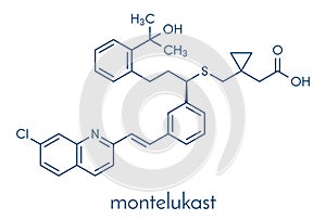 Montelukast asthma and airway allergy drug molecule. Skeletal formula.