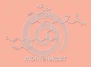 Montelukast asthma and airway allergy drug molecule. Skeletal formula.