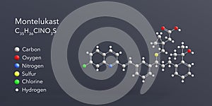 montelukast molecule 3d rendering, flat molecular structure with chemical formula and atoms color coding