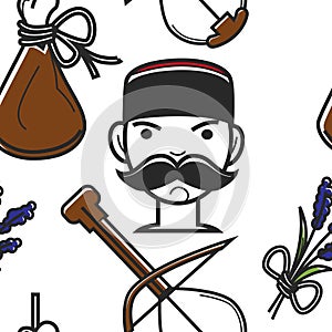 Montenegrin man with mustache and national symbols seamless pattern photo