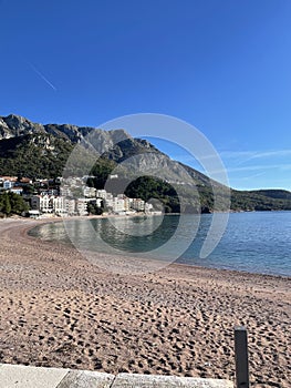 Montenegro Adriatic sea beach in Sveti Stefan luxury resort, Budva riviera.