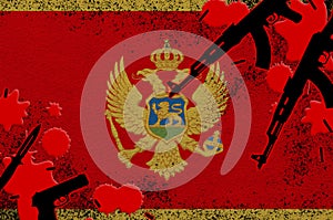 Montenegro flag and guns in red blood. Concept for terror attack and military operations