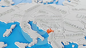 Montenegro highlighted on a white simplified 3D world map. Digital 3D render