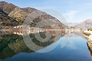 Montenegro, Kotor Bay, reflection of the city in the sea