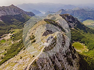 Montenegro. Lovcen National Park. Mausoleum of Negosh on Mount Lovcen. Drone. Aerial view. Viewpoint. Popular tourist