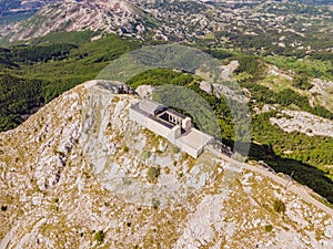 Montenegro. Lovcen National Park. Mausoleum of Negosh on Mount Lovcen. Drone. Aerial view. Viewpoint. Popular tourist