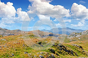 Montenegro, national park Durmitor, mountains and clouds panorama. Shepherd and flock of sheep. Sunlight lanscape. Nature travel