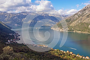 Montenegro, view of coast of Kotor Bay, Stoliv town and Perast town