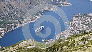 Montenegro. The view from the mountains to the town of Kotor and Boka Bay of Kotor