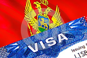 Montenegro visa stamp in passport with VISA text. Passport traveling abroad concept. Travel to Montenegro concept - selective