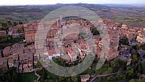 Montepulciano - scenic medieval in heart of Tuscany, aerial drone video. Italy