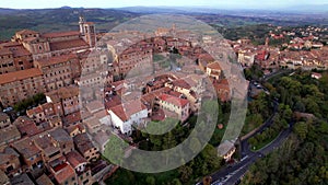 Montepulciano - scenic medieval town in heart of Tuscany, aerial drone video. Italy