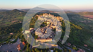 Montepulciano, Tuscany, aerial view of the medieval town at sunrise, Italy