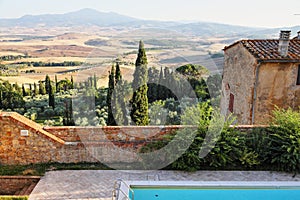 Montepulciano, Tuscany, Italy luxury garden pool with a landcscape wiew