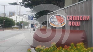 Monterey, California, Cannery Row road sign, tourist landmark. Bay aquarium.