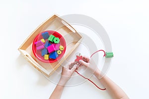 Montessori material. Children`s hands. The study of mathematics and biology