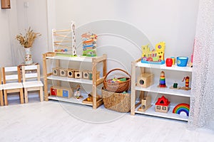Montessori material, Kindergarten Preschool Classroom Interior, wooden furniture and toys, didactic materials