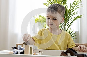 Montessori material. Little boy explores the farm animals in the game