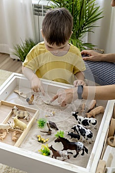 Montessori material. Little boy with his mom explores the farm animals in the game