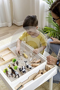 Montessori material. Little boy with his mom explores the farm animals in the game