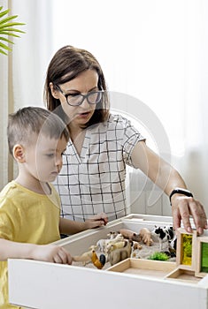 Montessori material. Little boy with his mom explores the farm animals in the game