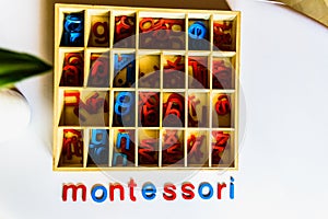 Montessori method is an educational model, word written with wooden letters
