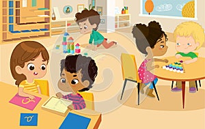 Montessori School Class. Vector illustrations of children in the playroom, boys and girls involved in Montessori