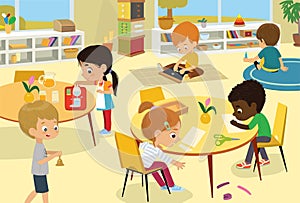 Montessori School Class. Vector illustrations of children in the playroom, boys and girls involved in Montessori