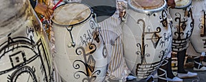 Candombe drummers at street, calls parade, montevideo, uruguay photo
