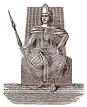 Montezuma II, the historic Aztec ruler of Tenochtitlan sitting on his throne and holding a spear