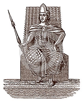 Montezuma II, the historic Aztec ruler of Tenochtitlan sitting on his throne and holding a spear photo