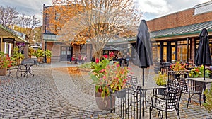 Montgomery Row square with outdoor dining in Fall Rhinebeck New York