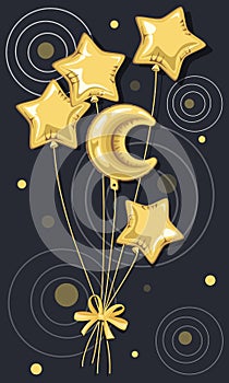 Month, balloon. Vector bright yellow balloons stars with Bow. Flying surprise. Festive party.