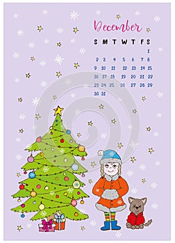 The month calendar December 2018, tree girl and dog celebrating Christmas
