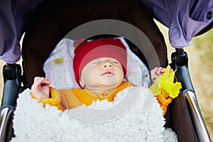 1 month old baby girl sleeping in perambulator